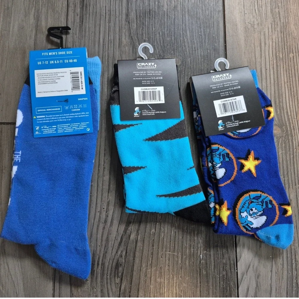 The Smurfs Mens Crew Socks 3 Pair Bundle Blue Striped Character Graphics NWT
